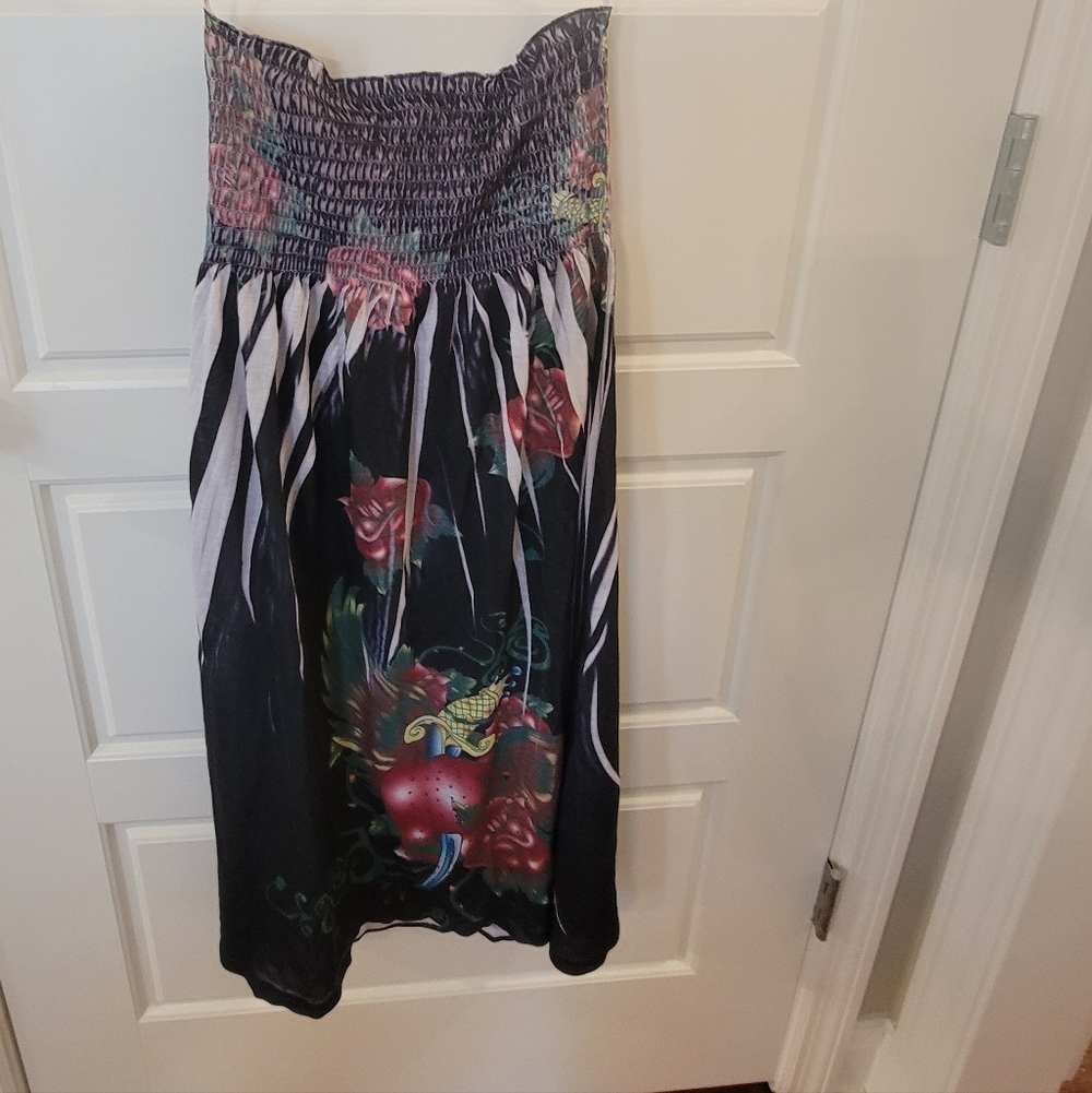 Ocean Breeze Black Floral Strapless Smocked Boho Summer Mini Dress Small - Picture 5 of 12